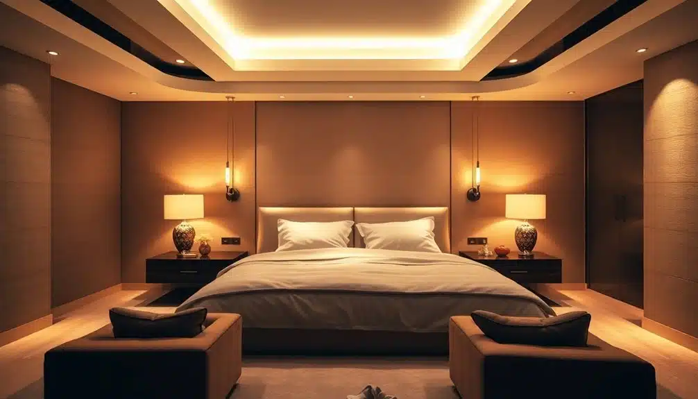 Une chambre à coucher moderne avec un éclairage chaleureux, un grand lit, deux tables de nuit avec lampes, deux fauteuils au pied du lit et un plafond encastré.
