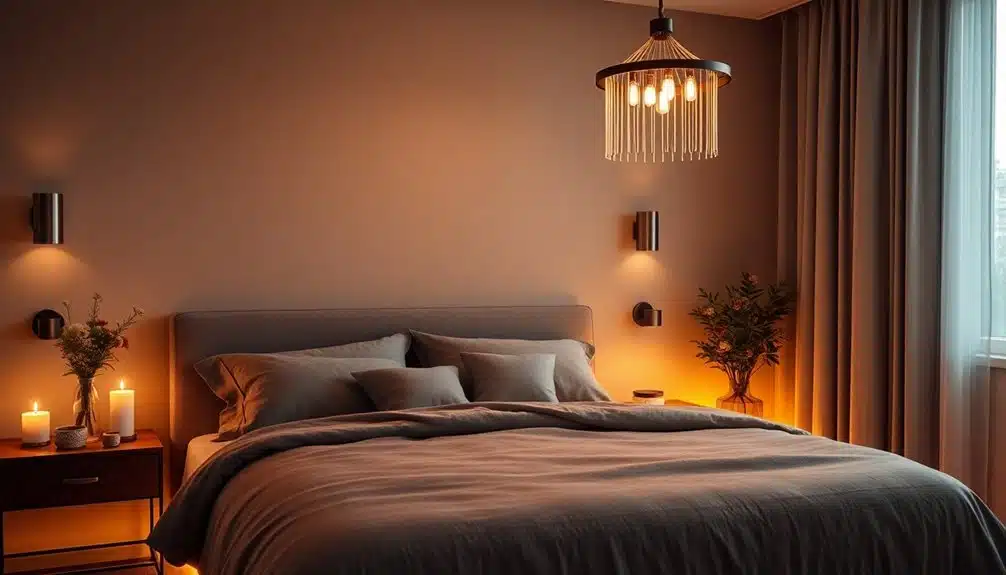 Un lit bien fait avec une literie grise dans une chambre à coucher doucement éclairée, avec des appliques murales, des bougies, un luminaire suspendu et une plante en pot près de la fenêtre.