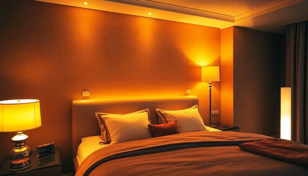 Un lit bien fait avec des oreillers et des couvertures dans une chambre à coucher peu éclairée par la lumière jaune chaude des lampes de table et des lampadaires.