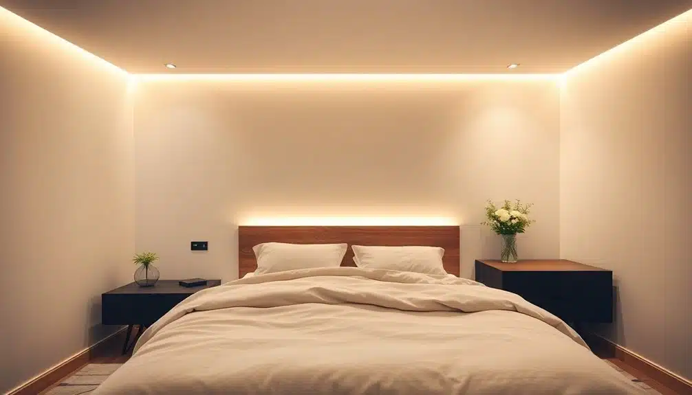 Chambre à coucher minimaliste avec un lit fait, une tête de lit en bois, deux tables de nuit noires, des vases avec des fleurs et un éclairage doux encastré le long du plafond et du mur.