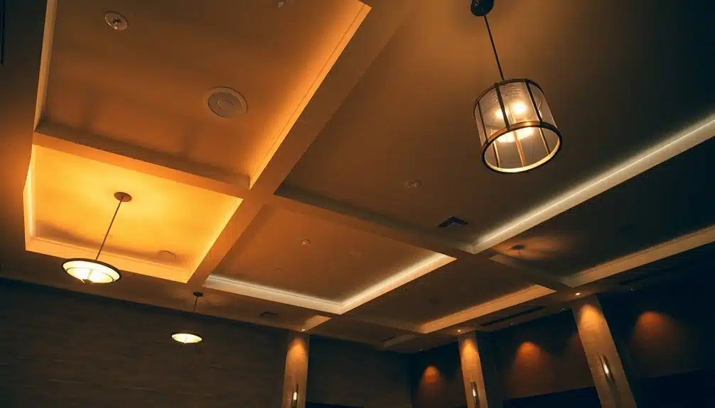 Un plafond avec des panneaux carrés encastrés et divers luminaires suspendus dans une pièce chaudement éclairée.