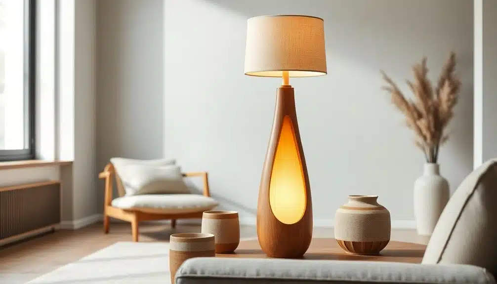 Un salon moderne avec une lampe en bois, des vases en céramique, un canapé beige, une chaise en bois et de l'herbe de la pampa dans un vase contre un mur de couleur neutre.