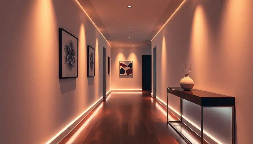 Un couloir moderne avec des planchers en bois, un éclairage d'ambiance, des œuvres d'art encadrées sur les murs et une table console avec un vase.
