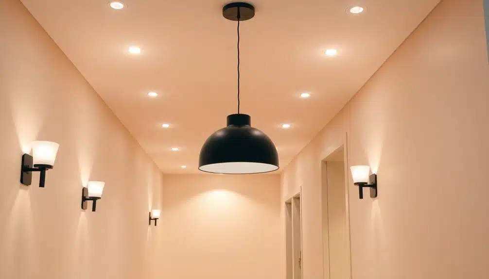 Un couloir aux murs beiges comporte des appliques murales, des plafonniers encastrés et une suspension centrale noire. Des portes sont visibles sur le côté droit.