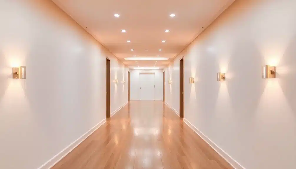 Un couloir vide et bien éclairé, avec un sol en bois, des murs blancs, des appliques modernes et plusieurs portes fermées de part et d'autre.