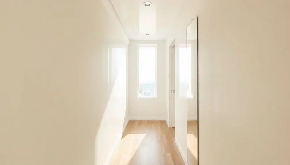 Un couloir vide et lumineux avec un parquet clair, des murs couleur crème, un grand miroir sur la droite et la lumière du soleil qui passe par une fenêtre au fond.