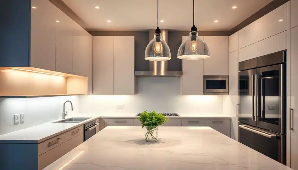 Cuisine moderne avec des armoires blanches, des appareils électroménagers en acier inoxydable, un îlot en marbre et deux lampes suspendues au-dessus. Une petite plante trône au centre de l'îlot.