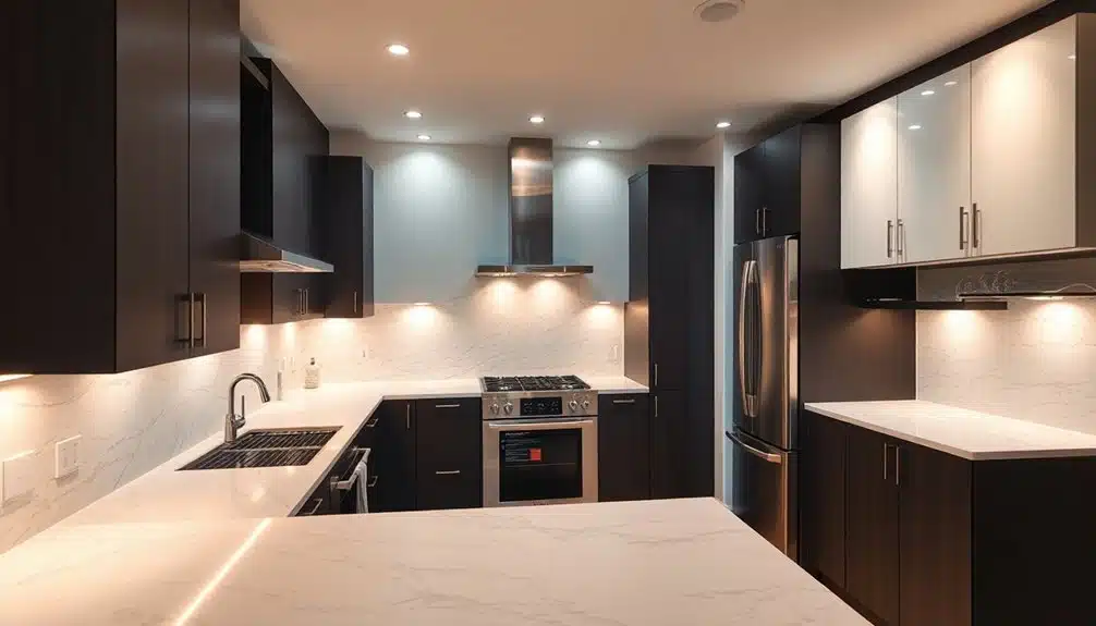 Cuisine moderne avec armoires foncées, appareils en acier inoxydable, comptoirs en marbre, four encastré, plaque de cuisson et éclairage sous l'armoire.