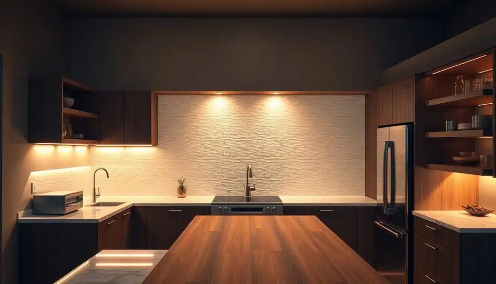 Cuisine moderne avec armoires en bois foncé, comptoirs en marbre, dosseret blanc texturé, appareils électroménagers en acier inoxydable et éclairage sous les armoires.