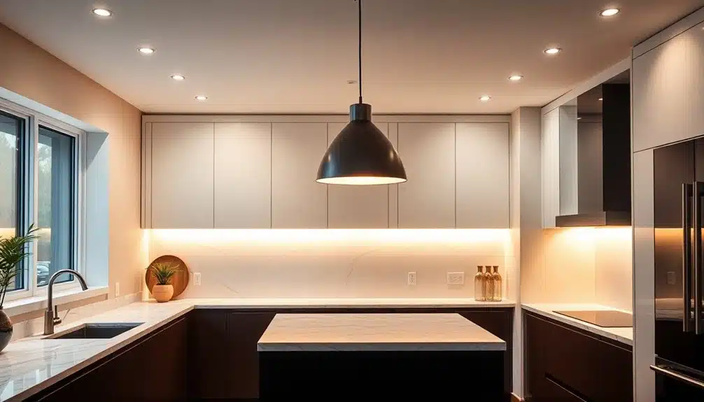 Cuisine moderne avec des armoires supérieures blanches, des armoires inférieures foncées, des comptoirs en marbre, un îlot, des appareils encastrés, un éclairage sous les armoires et une lampe suspendue noire centrale.