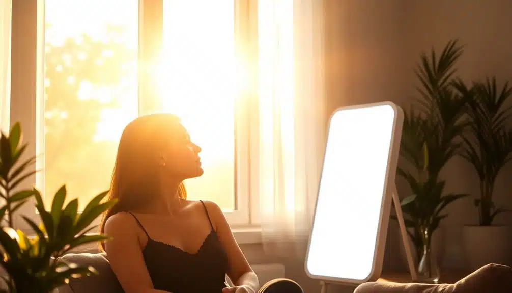 Une femme est assise sur un canapé dans une pièce ensoleillée, regardant une lampe de luminothérapie rectangulaire près d'elle, avec des plantes et de grandes fenêtres en arrière-plan.