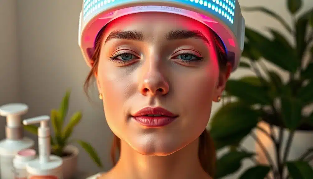 Une femme porte un masque de luminothérapie LED sur la tête, avec des lumières roses et bleues, dans une pièce avec des produits de soins de la peau et des plantes en arrière-plan.