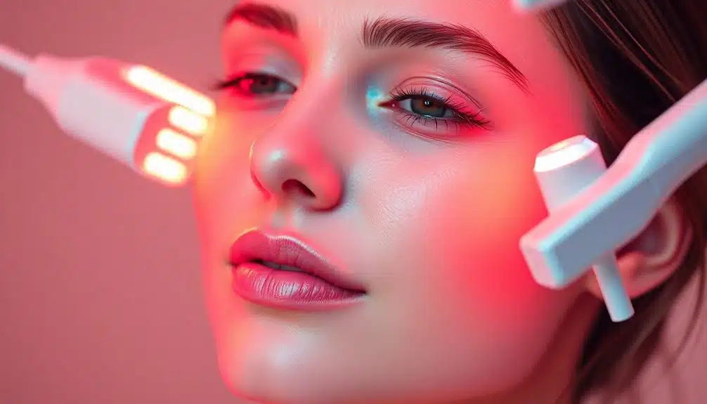Une femme reçoit un traitement de soins de la peau avec deux appareils de luminothérapie LED émettant une lumière rouge sur son visage.