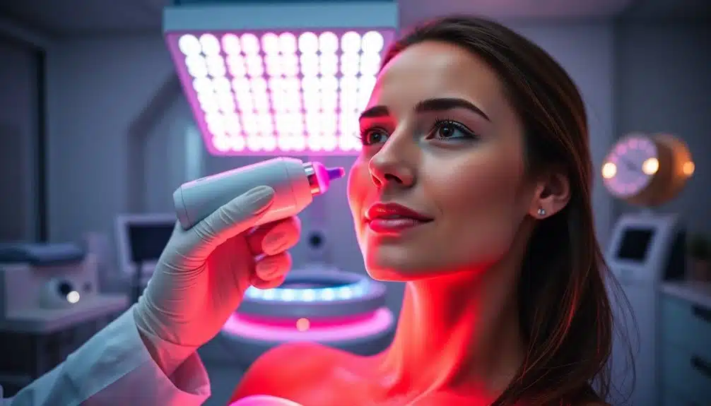 Dans une clinique moderne, une femme reçoit un traitement facial à l'aide d'un appareil portatif sous des lumières LED brillantes.