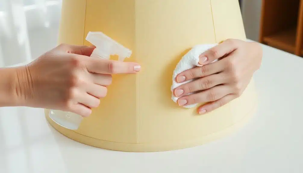 Deux mains nettoient un abat-jour jaune ; l'une vaporise du nettoyant tandis que l'autre essuie avec un chiffon blanc.