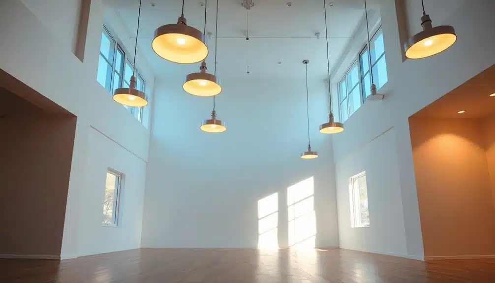 Pièce spacieuse et vide avec de hauts plafonds, de grandes fenêtres, un plancher en bois et plusieurs lampes suspendues, éclairées par la lumière du soleil.