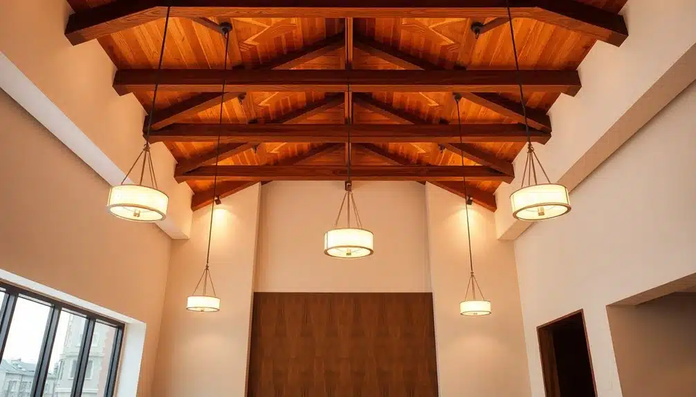 Grande pièce avec poutres en bois apparentes au plafond, cinq lampes rondes suspendues, des murs blancs, une grande fenêtre à gauche et deux portes ouvertes à droite.