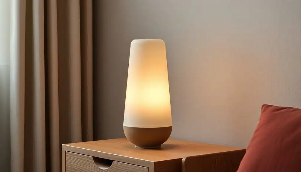 Une lampe de table moderne à la lumière chaude est posée sur une table de nuit en bois, à côté d'un oreiller rouge et de rideaux beiges sur un mur neutre.