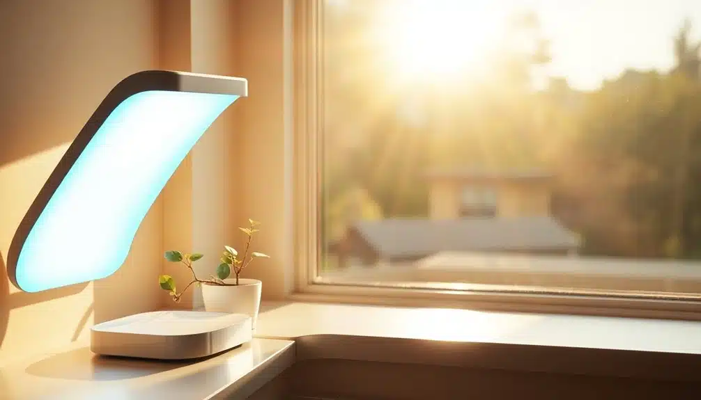 Une lampe de bureau moderne à l'éclat bleu, une petite plante en pot et un routeur sans fil sont posés sur un rebord de fenêtre éclairé par la lumière du soleil.