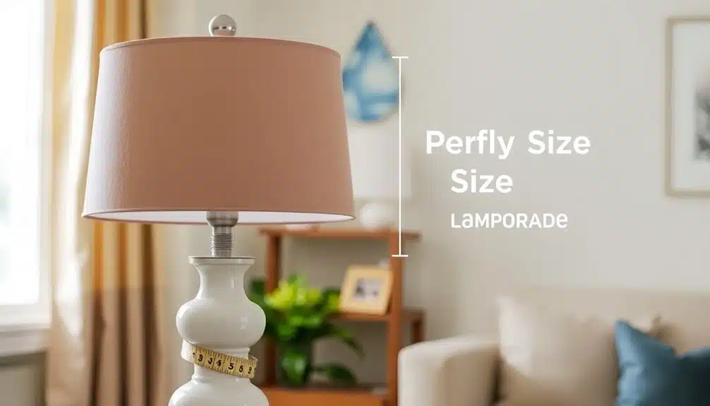 Une lampe de table blanche avec un abat-jour beige se trouve dans un salon. Le texte à côté indique "Perfly Size Size LAMPORADE" avec une double flèche indiquant la hauteur de la lampe.