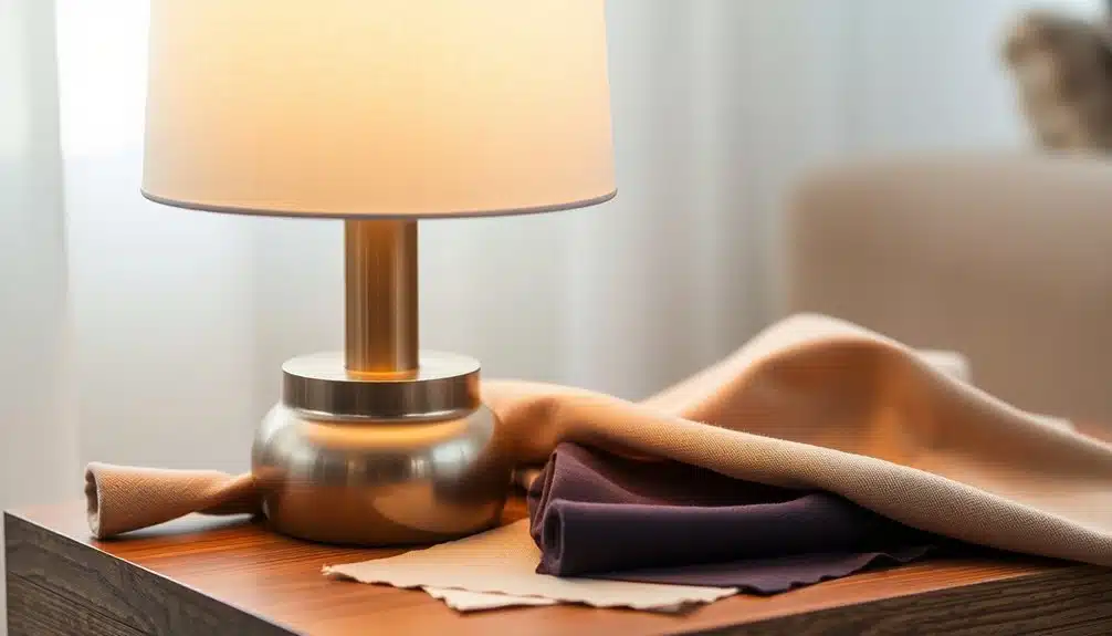 Une lampe de table métallique avec un abat-jour blanc est posée sur une table en bois à côté d'un tissu beige et violet soigneusement plié dans une pièce à l'éclairage tamisé.
