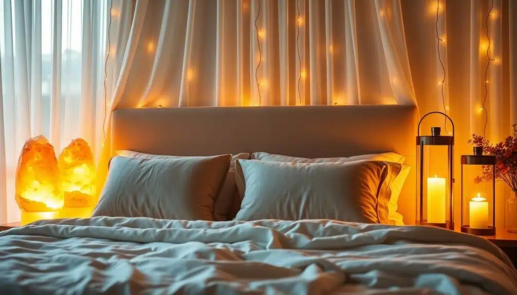 Un lit bien fait avec une literie blanche, deux oreillers et une tête de lit beige. Des lumières chaudes, des bougies et des lampes de sel décorent l'arrière-plan, créant une atmosphère confortable.