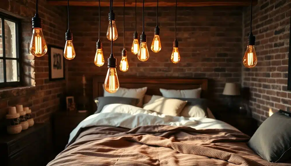 Une chambre douillette aux murs de briques apparentes présente plusieurs ampoules Edison suspendues au-dessus d'un lit soigneusement fait avec des couvertures et des oreillers superposés.