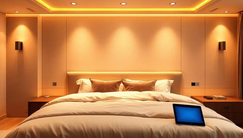 Une chambre à coucher moderne avec un éclairage chaleureux, un grand lit avec des draps et des oreillers blancs, deux tables de chevet et une tablette posée sur le lit.