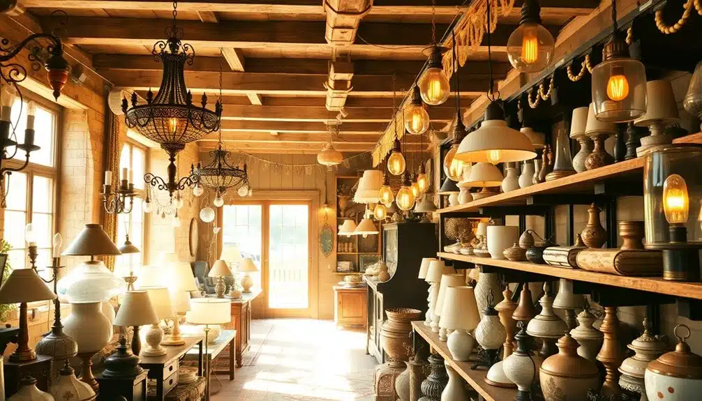 Un intérieur de magasin ensoleillé avec des poutres en bois, des étagères remplies de diverses lampes et de multiples luminaires suspendus au plafond.