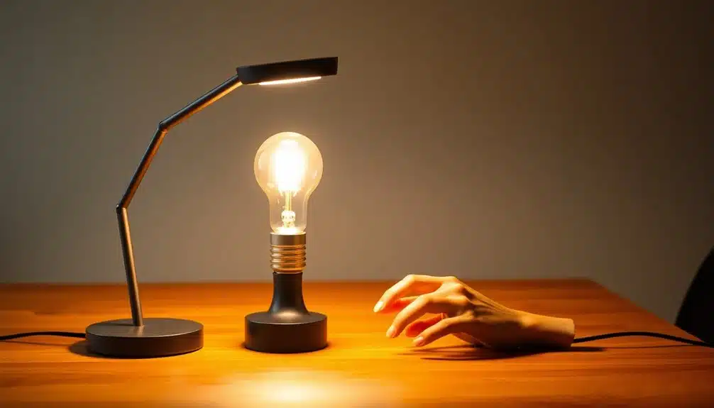 Main tendant vers lampe allumée sur table.
