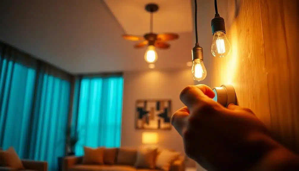 Une main ajuste un variateur d'intensité sur un mur, modifiant la luminosité des ampoules suspendues et de la lumière d'un ventilateur de plafond dans un salon moderne avec des rideaux bleus.