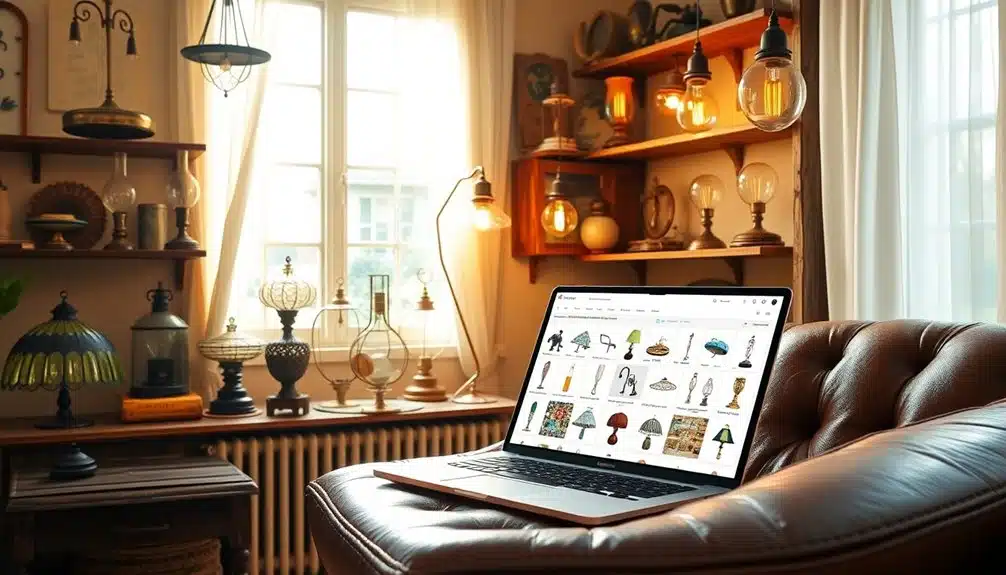 Un ordinateur portable affichant des images de lampes est posé sur une chaise en cuir dans une pièce confortable décorée de diverses lampes vintage et d'étagères près d'une fenêtre baignée de lumière naturelle.
