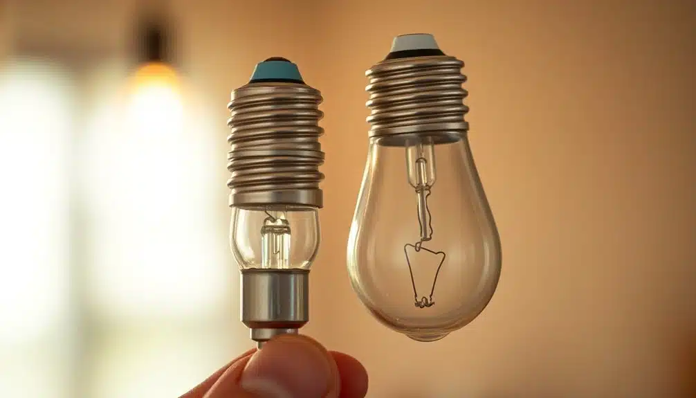 Une main tenant deux culots d'ampoules, l'un relié à une ampoule compacte, l'autre à une ampoule de forme traditionnelle, sur un fond flou.