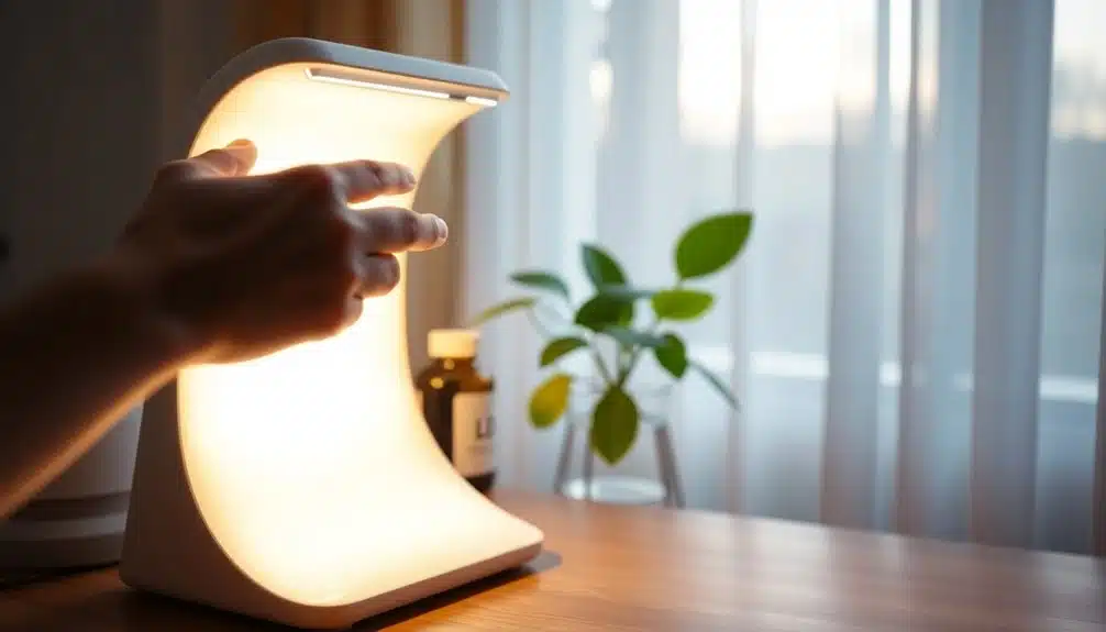 Une main tendue vers une lampe de bureau moderne et incurvée posée sur une table en bois, avec une plante et un flacon de médicaments en arrière-plan, près d'une fenêtre aux rideaux diaphanes.