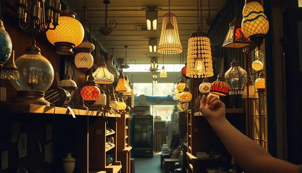 Une personne brandit une ampoule parmi plusieurs lampes et luminaires anciens dans l'allée d'un magasin d'antiquités.