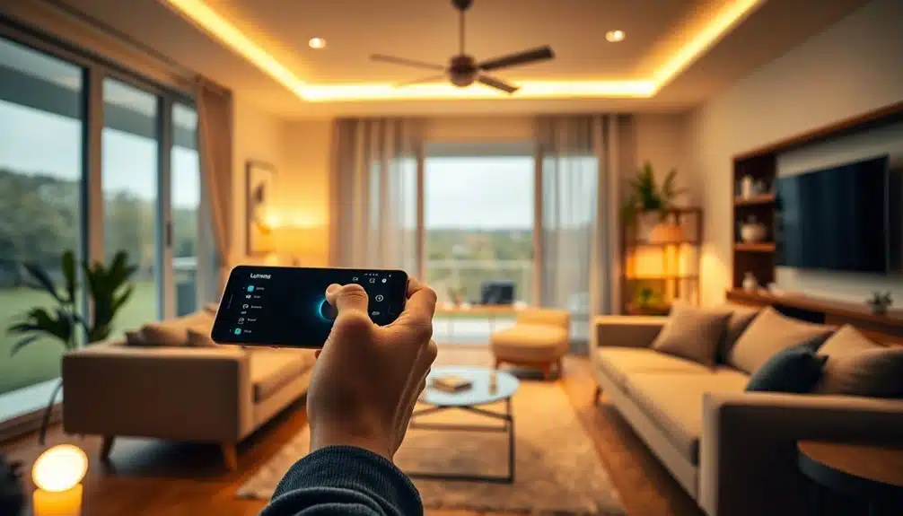 Une personne utilise un smartphone pour contrôler l'éclairage dans un salon moderne avec de grandes fenêtres, des meubles aux tons neutres et une décoration contemporaine.