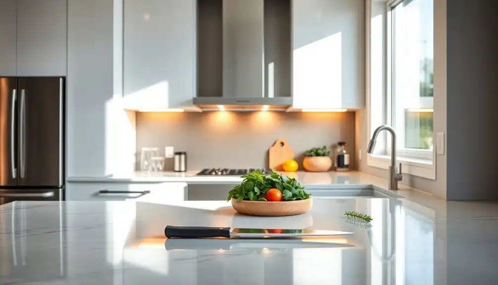 Une cuisine moderne avec des armoires blanches, un comptoir en marbre, un bol de légumes et un couteau sur le comptoir, éclairée par un éclairage naturel et un éclairage sous l'armoire.