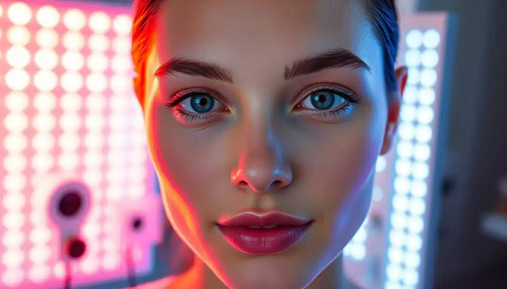 Une femme à la peau claire se tient devant des panneaux lumineux LED colorés, dont les tons bleus et rouges illuminent son visage.