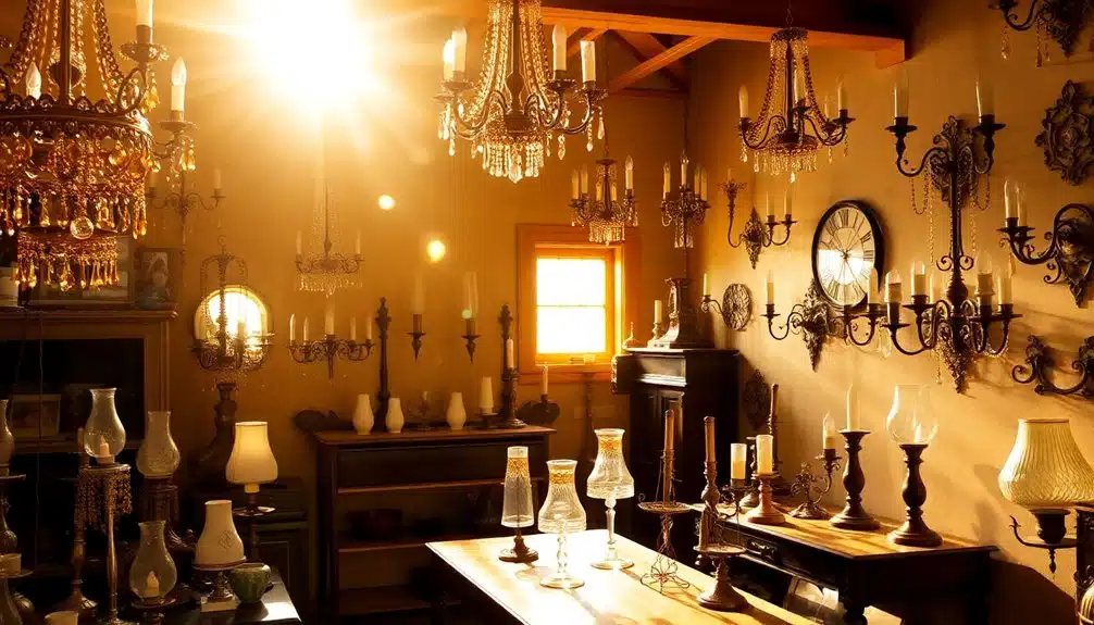 Une pièce ensoleillée remplie de lustres anciens, de chandeliers et de lampes à huile, avec la lumière du soleil passant par une fenêtre et illuminant le décor vintage.