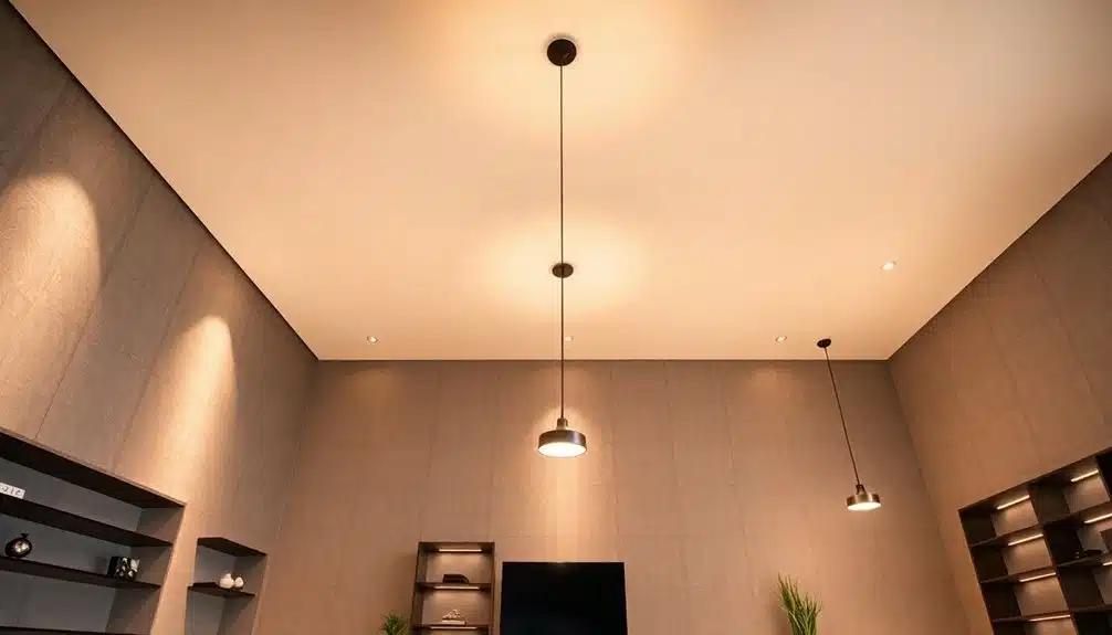 Pièce minimaliste avec des murs beiges, des lampes suspendues au plafond, des étagères ouvertes, une télévision et une petite plante verte dans le coin.