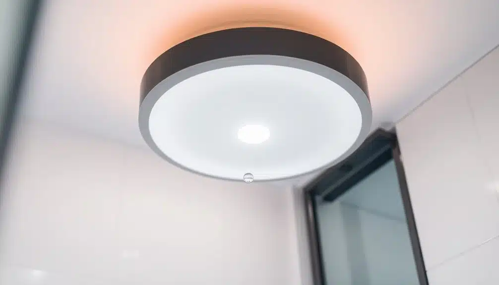 Gros plan d'un plafonnier au centre duquel pend une goutte d'eau, dans une pièce carrelée où l'on aperçoit une partie de l'embrasure d'une porte.