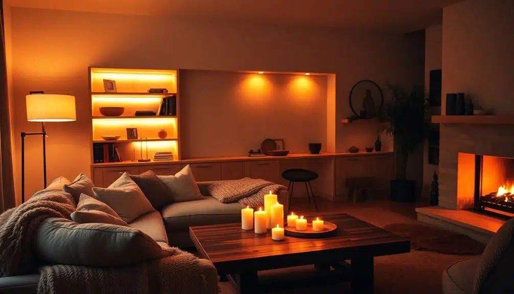 Un salon confortable avec un canapé sectionnel, une table avec des bougies allumées, des étagères encastrées avec un éclairage chaleureux et une cheminée qui émet une douce lueur.