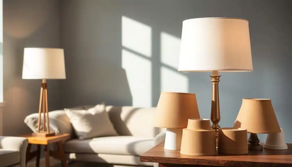 Un salon avec un canapé beige, des coussins, un lampadaire, une lampe de table et plusieurs abat-jour sur une table en bois, éclairé par la lumière du soleil à travers une fenêtre.