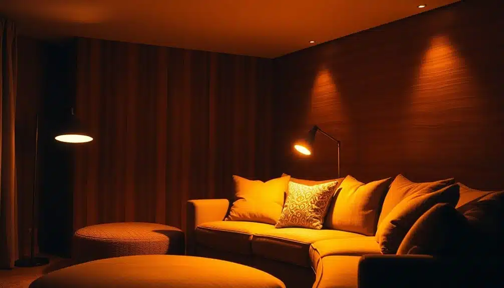 Un salon faiblement éclairé avec un canapé beige, un ottoman rond, un coussin à motifs, et un éclairage chaud provenant de lampes de table et de sol contre un mur d'accentuation en bois.