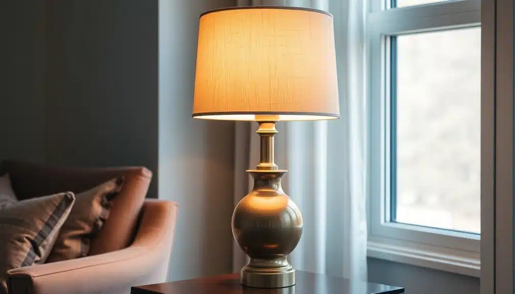 Une lampe de table en laiton avec un abat-jour beige est posée sur une table en bois foncé près d'une fenêtre, à côté d'un fauteuil beige avec des coussins.