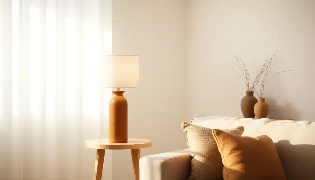 Un canapé beige avec des coussins bruns est posé à côté d'une table d'appoint en bois avec une lampe ; la lumière du soleil filtre à travers des rideaux blancs transparents, et des vases avec des branches séchées sont posés sur une étagère à l'arrière-plan.