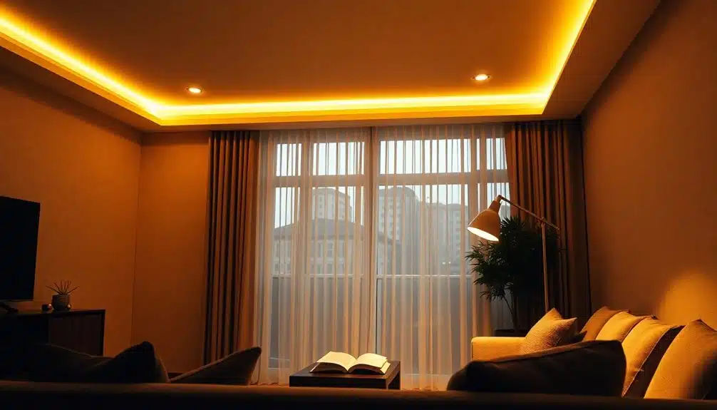 Un salon moderne avec des plafonniers indirects chauds, un canapé beige, un livre ouvert sur la table, un lampadaire et de grandes fenêtres à rideaux offrant une vue sur la ville.