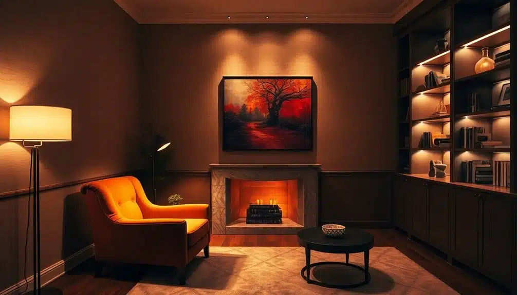 Un salon confortable avec un fauteuil orange, une cheminée allumée, une table basse ronde, une bibliothèque encastrée et une peinture murale d'un arbre au feuillage rouge au-dessus de la cheminée.