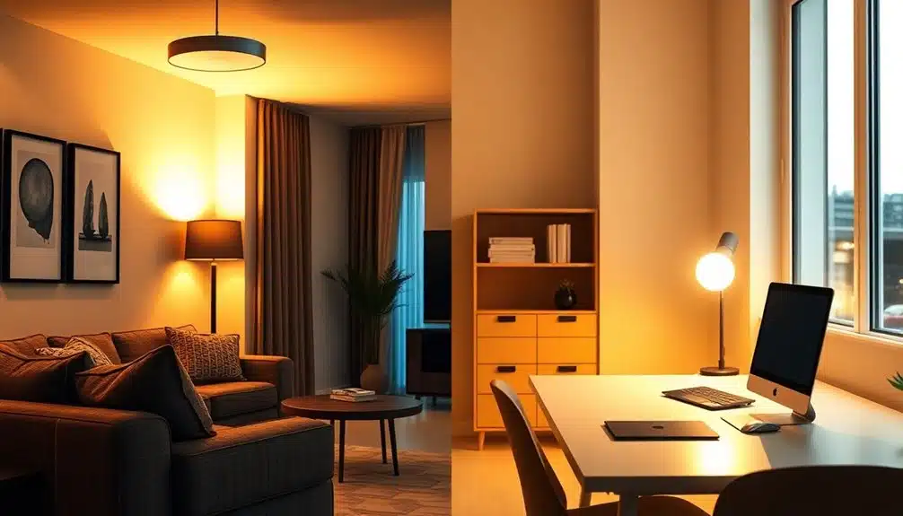 Un salon moderne et un bureau à domicile, tous deux éclairés par une lumière d'ambiance chaleureuse ; le salon est composé d'un canapé et d'œuvres d'art, le bureau d'un bureau, d'un ordinateur et d'étagères près d'une fenêtre.