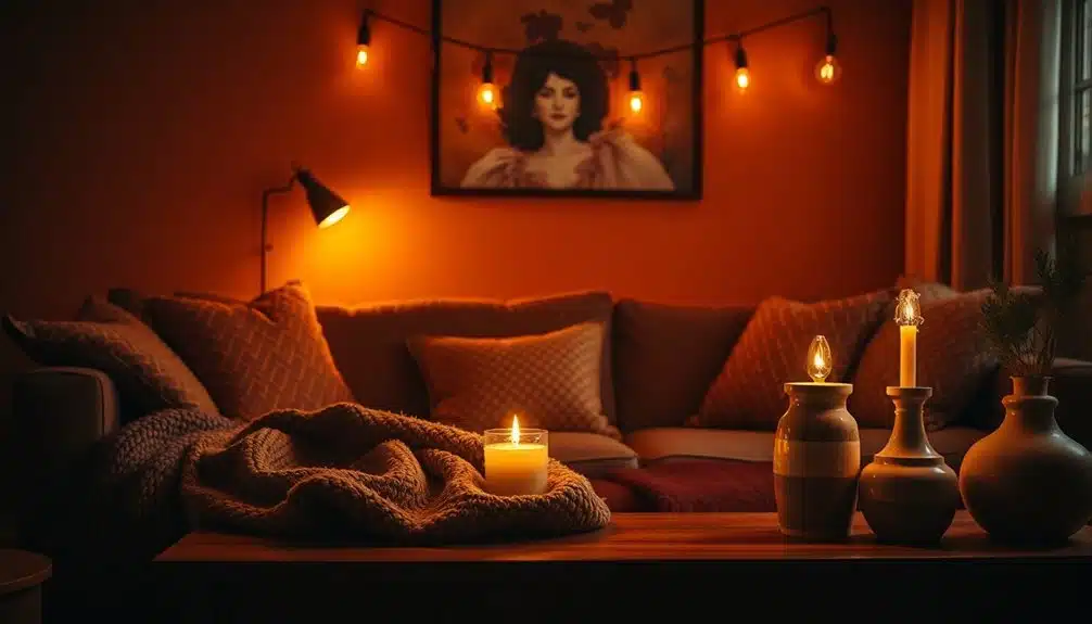 Un salon confortable avec un canapé, des couvertures, des bougies sur une table en bois, des guirlandes électriques et un portrait encadré sur le mur, éclairé par une lumière d'ambiance chaleureuse.